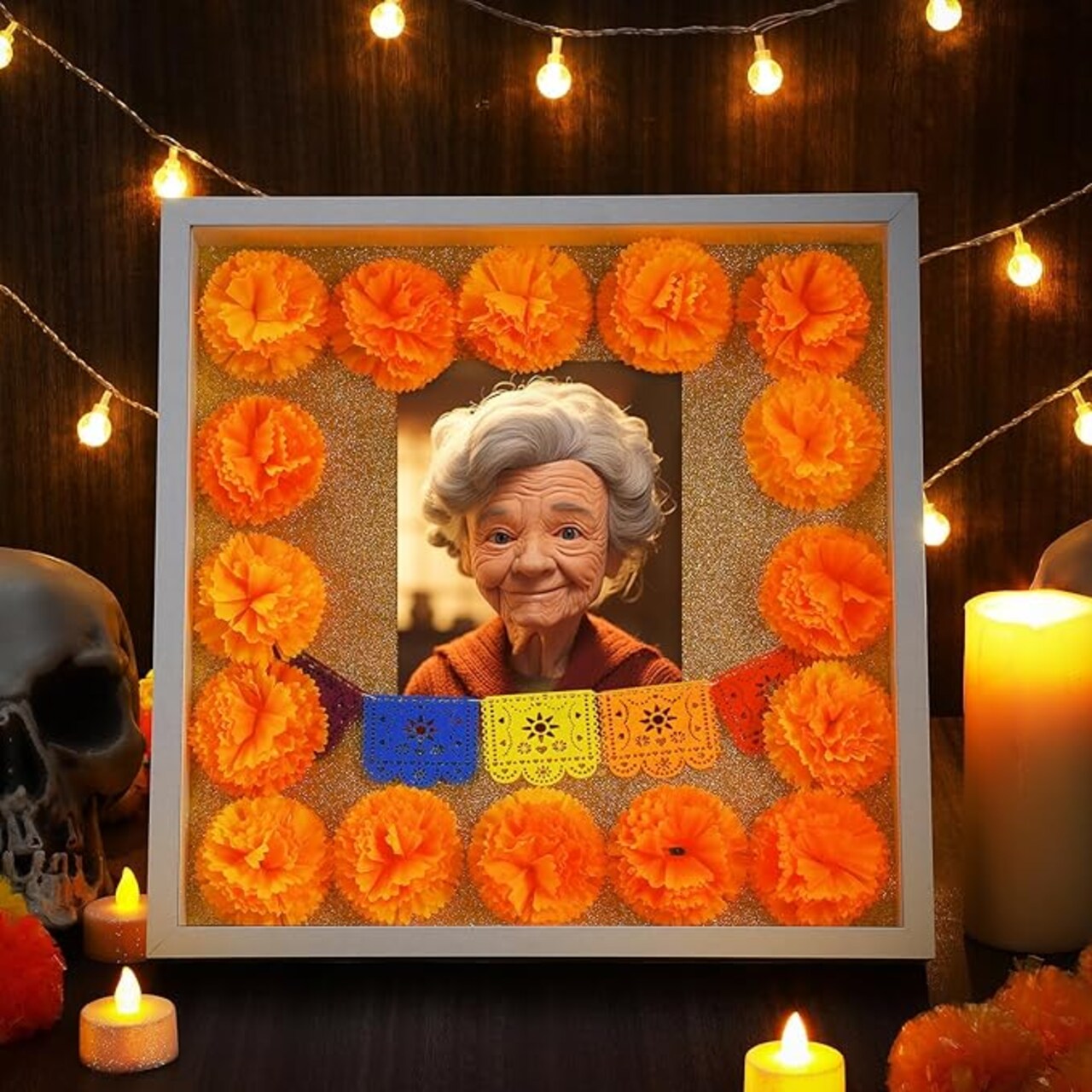 12"x12" Shadow Box Day of the Dead, Memorial Shadow Box with Mexican Party Banners Artificial Marigold Flowers, Marigold Picture Frame, Memorial Box, Ofrenda Shadow Box